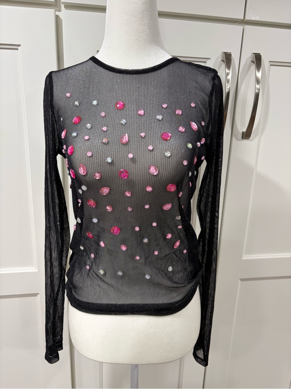 Y2K Club Wear Sheer Black Top With Pink Embellishment